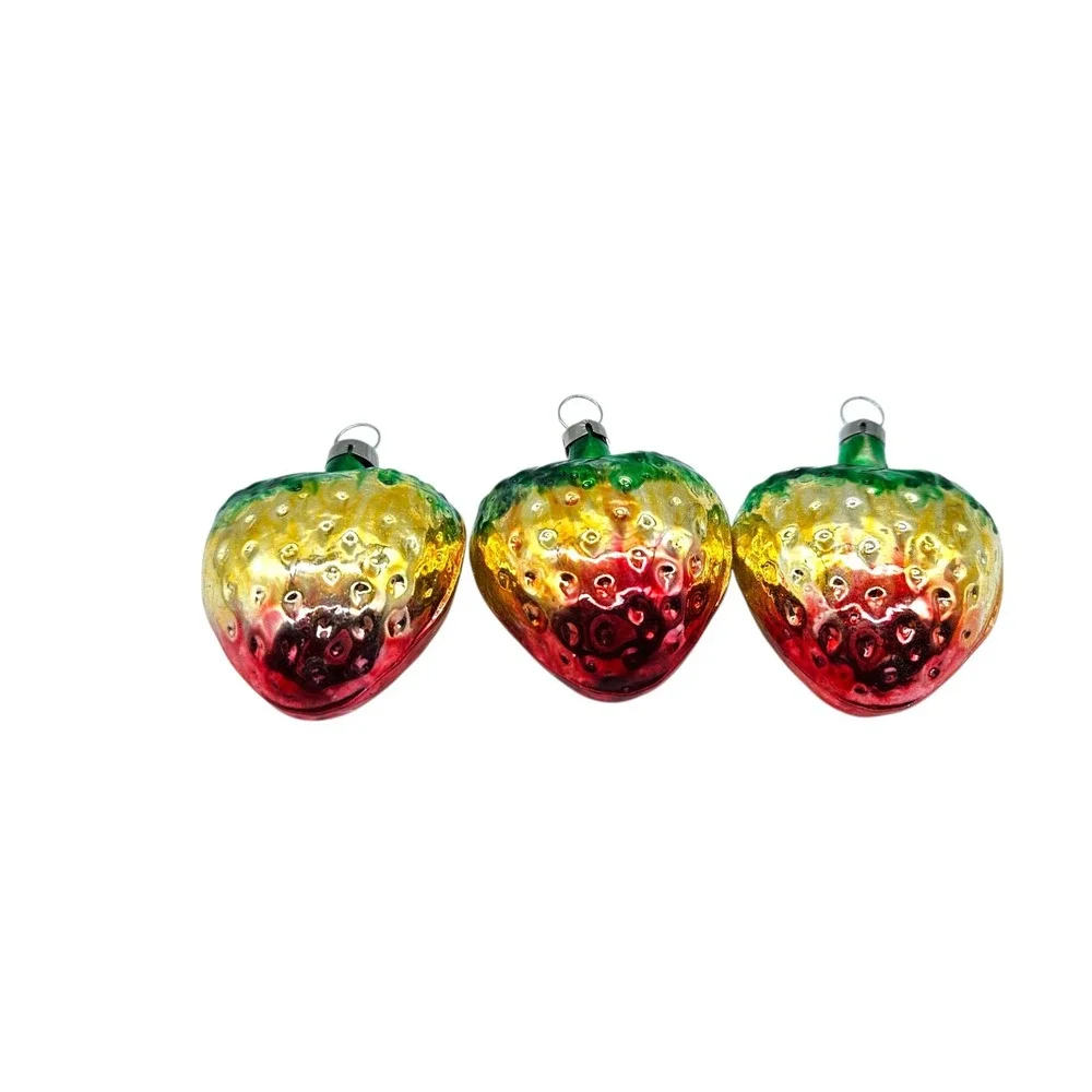 3 VTG Hand Blown Glass Strawberry Christmas Ornaments Made In Czechoslovakia 2